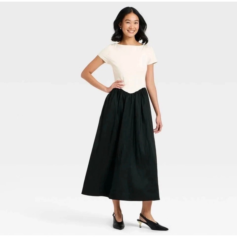 A New Day Womens Colorblock Short Sleeve Backless Midi Dress Cream Black XS